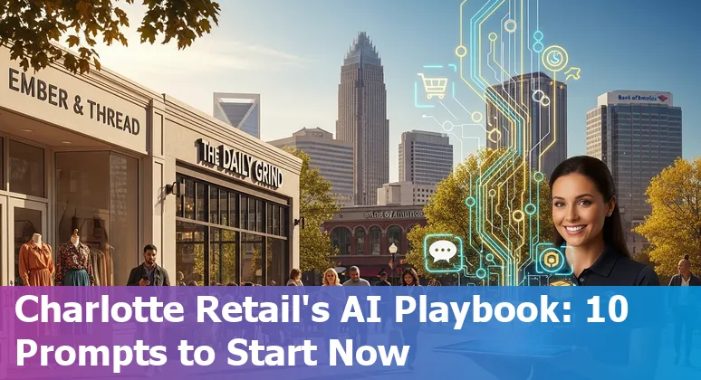 Retail AI in Charlotte: store shelves, Bojangles drive-thru voice bot, Hornets virtual shop, and robots in a Charlotte store.