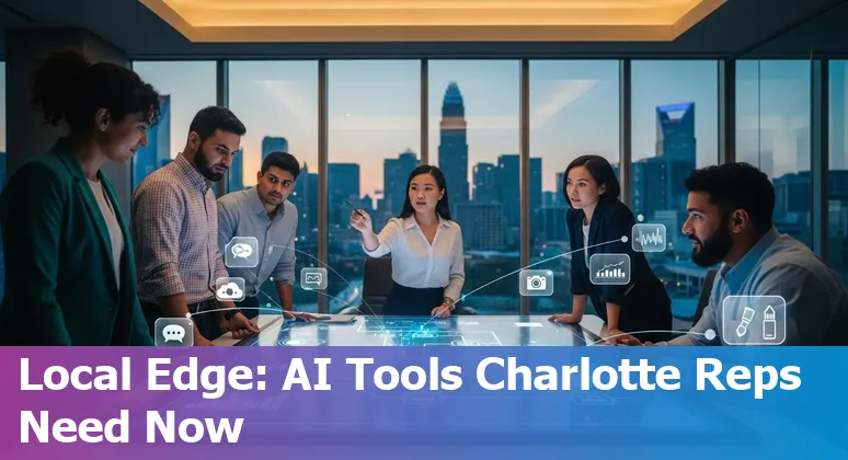 Sales professional in Charlotte using AI tools like ChatGPT and Salesforce Einstein on a laptop with Charlotte skyline in background.