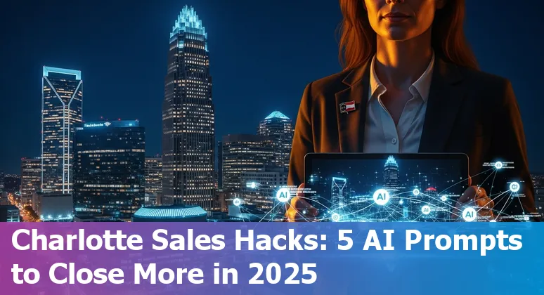 Sales professional in Charlotte using AI prompts on laptop with skyline and tool icons (HubSpot, Gong, Clari, Drift, Apollo)