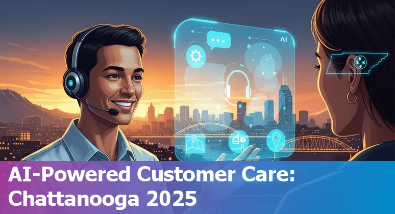 Customer service agent using AI tools on a laptop in Chattanooga, Tennessee skyline background