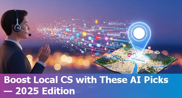 Collage of AI tool icons (ChatGPT, Jasper, Notion, Synthesia, Fireflies, Runway, Eightfold, Hugging Face, Midjourney, UiPath) with Chattanooga skyline.