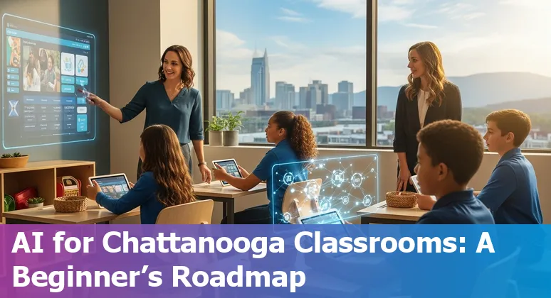 Educators using AI tools in a Chattanooga, Tennessee classroom — teachers, students, and laptops showing AI apps.