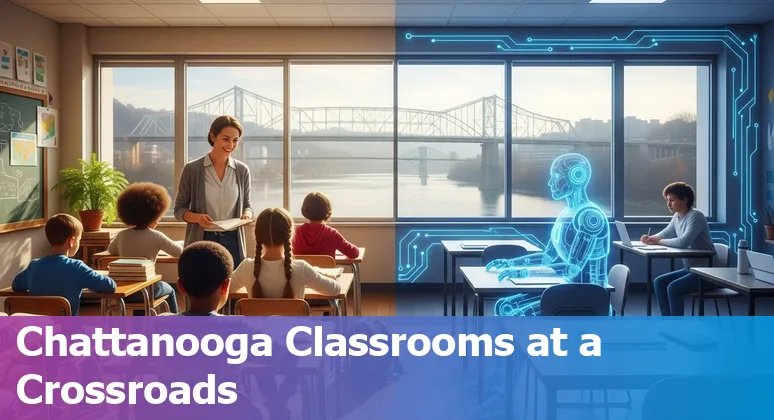 Chattanooga educators adapting to AI: teacher, librarian, paraeducator, testing coordinator, and administrative staff collaborating with digital tools.