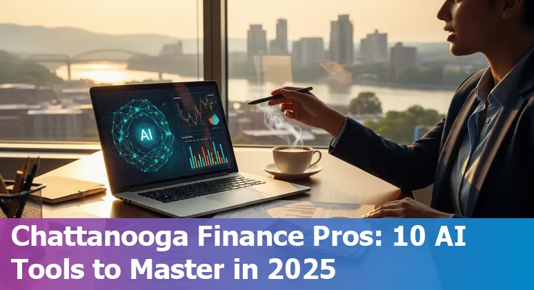 Business professional using AI finance dashboard in Chattanooga office with Walnut Street Bridge in background
