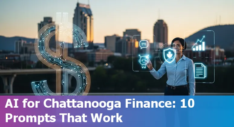 Illustration of AI-driven financial services in Chattanooga: chatbot, fraud detection dashboard, and city skyline.