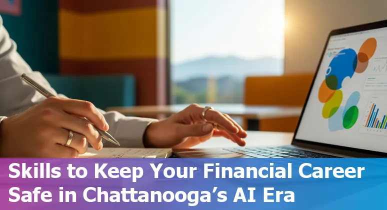 Chattanooga skyline with financial icons and AI network overlay showing jobs at risk and adaptation steps.