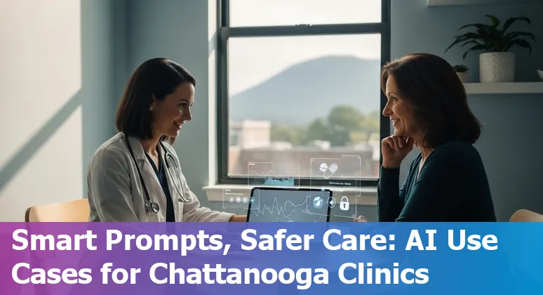 Healthcare worker using AI tools on a tablet in a Chattanooga clinic, icons for Abridge, Dax Copilot, Ada, and Moxi robot in the background.