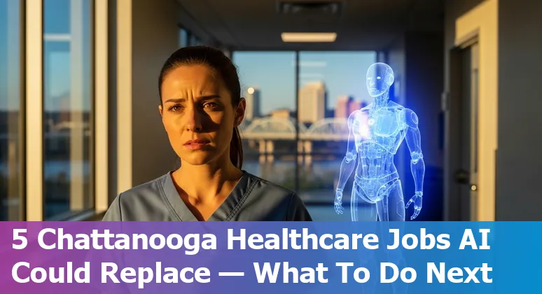 Healthcare worker using AI tools on a tablet with Chattanooga skyline in the background.