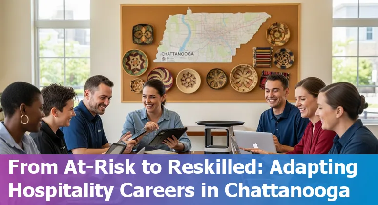Chattanooga hospitality worker guiding guests with Lookout Mountain skyline; icons showing AI tools and training courses.
