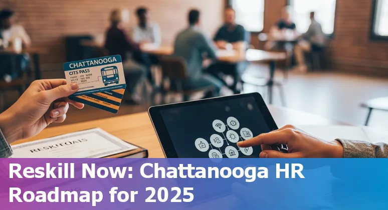 HR team discussing AI adoption roadmap in Chattanooga, Tennessee office with skyline visible