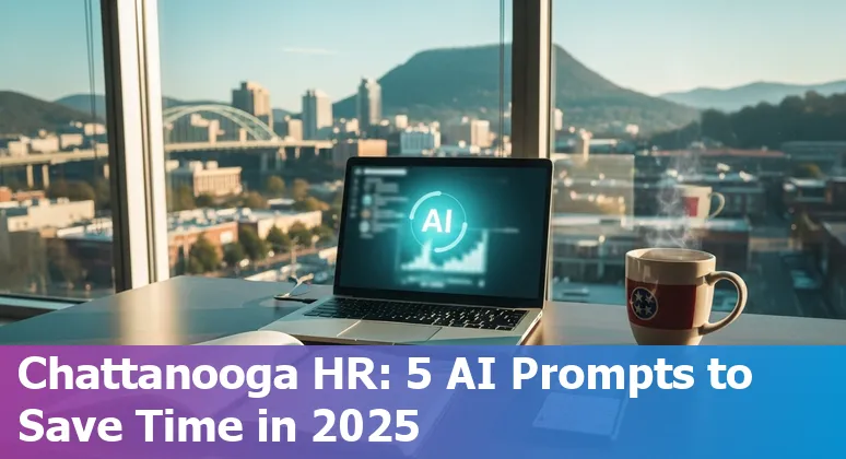 HR professional using AI prompts on a laptop with Chattanooga skyline in the background