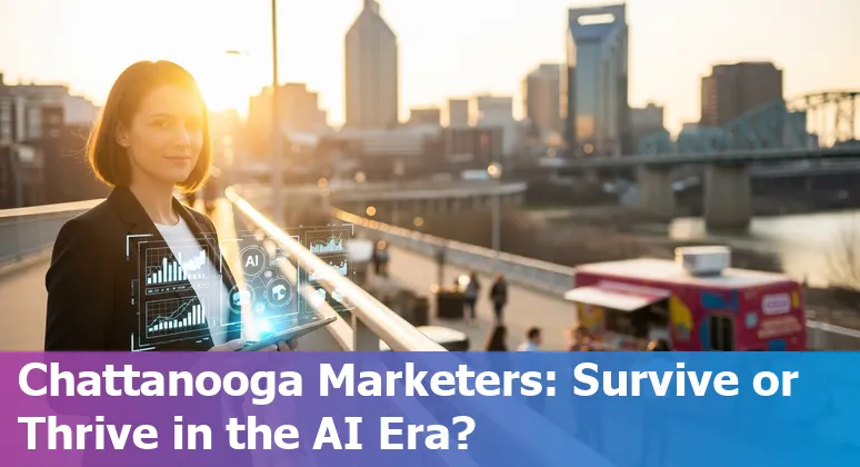 Marketing team using AI tools in Chattanooga, Tennessee skyline in background
