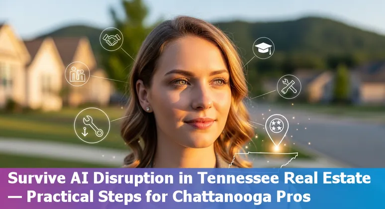 Chattanooga skyline with real estate icons and AI gear illustrating jobs at risk and adaptation steps.