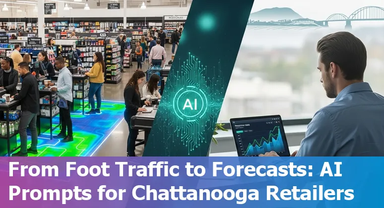 Chattanooga small business owner using AI tools to optimize retail operations at a storefront with city skyline in background.