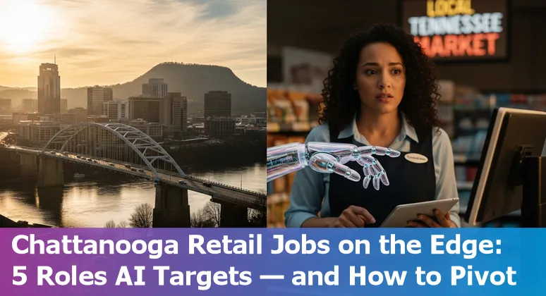 Retail worker using a tablet with AI chatbot interface overlay, Chattanooga skyline faint in background.