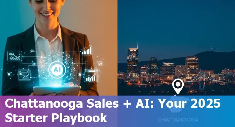 Sales professional using AI tools with Chattanooga, Tennessee skyline and CHAIN logo in background