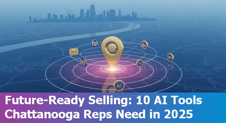 Collage of AI sales tools logos over Chattanooga skyline with salespeople using laptop and phone.