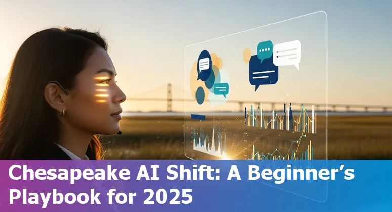 Customer service professional using AI tools in Chesapeake, VA skyline, 2025