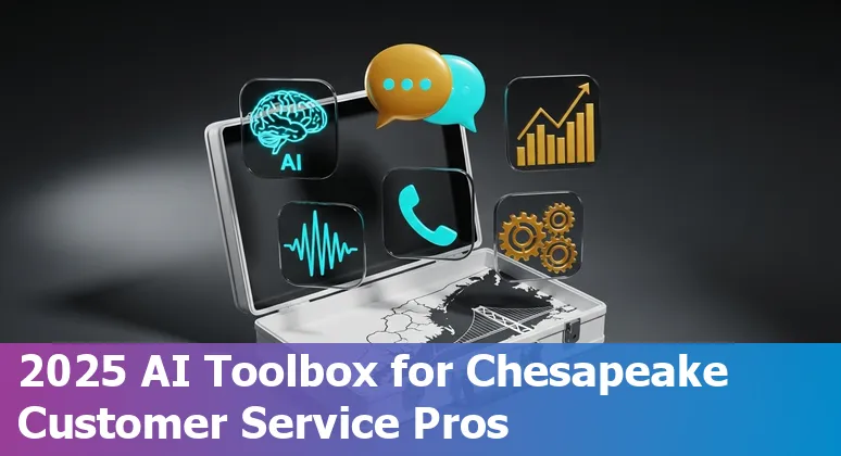 Collage of AI customer service tools logos over a Chesapeake, Virginia backdrop representing chatbots, help desks, and analytics.