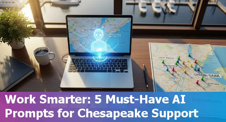 Customer service agent using AI prompts on a laptop with Chesapeake Bay skyline in background