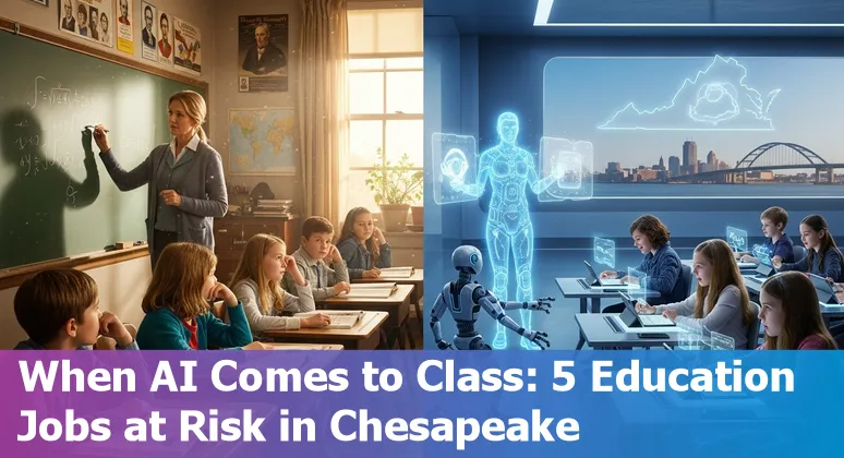 Chesapeake educator using AI tools with local Virginia colleges’ logos in the background