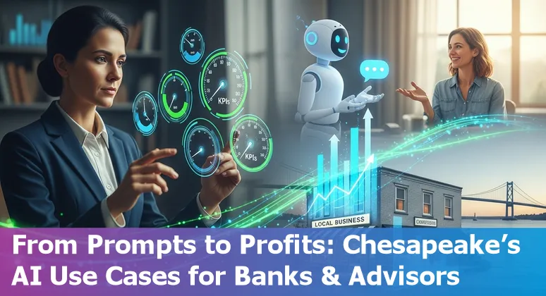Chesapeake financial services professionals using AI tools—chatbots, fraud detection dashboards, and portfolio analytics.