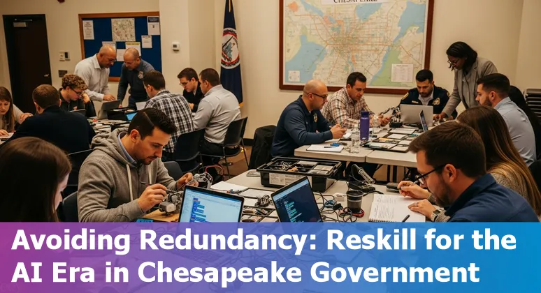Chesapeake city worker using a laptop with icons for AI, data, and logistics overlaid.