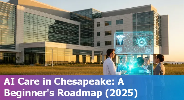 Healthcare AI concept illustration with Chesapeake, Virginia skyline, hospitals, and AI icons
