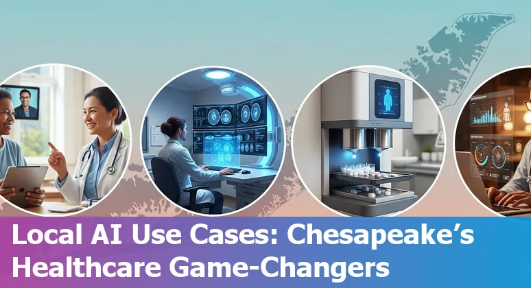 Healthcare worker using AI tools on a tablet with Chesapeake skyline in background.