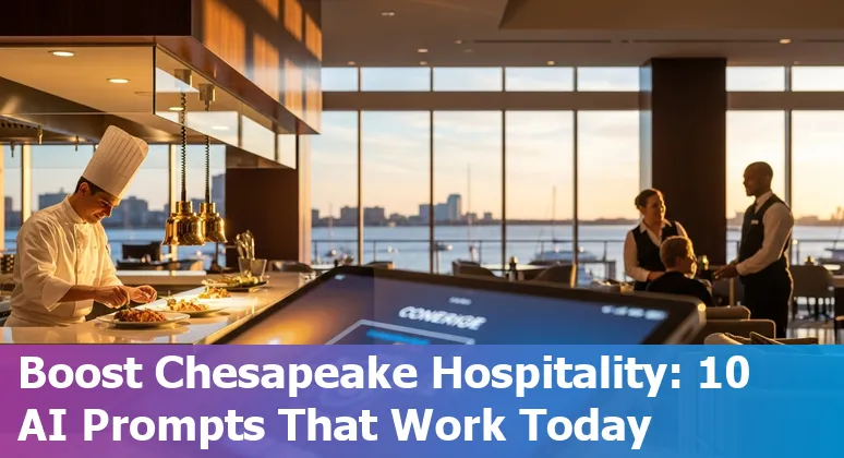 Hotel front desk with digital concierge tablet showing Chesapeake attractions and AI icons.