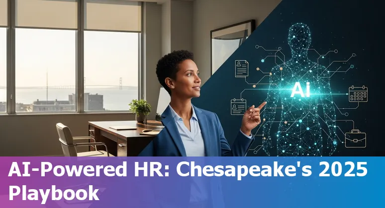 HR professional using AI tools on laptop in Chesapeake, VA skyline background