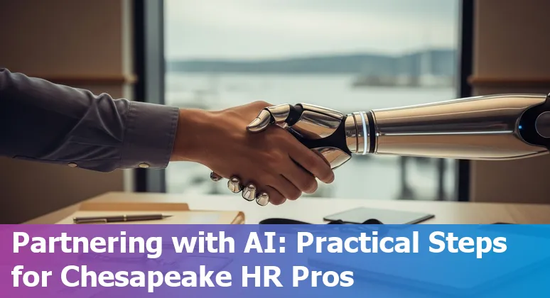 HR professional using AI tools in Chesapeake, Virginia office — image shows local Virginia skyline and HR tech.