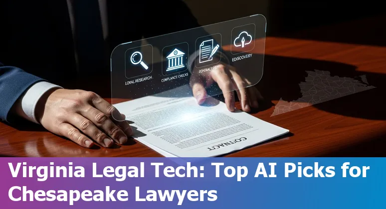 Chesapeake lawyer using AI tools on laptop with legal documents and Chesapeake skyline.