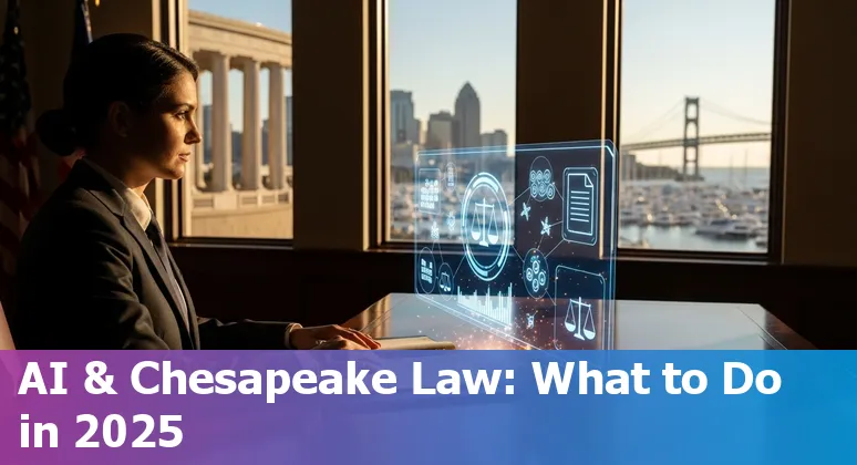 Legal AI tools on a laptop screen with Chesapeake, Virginia courthouse skyline in the background