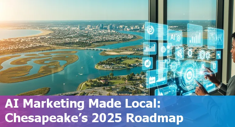 Marketing team using AI tools in Chesapeake, Virginia, US skyline background