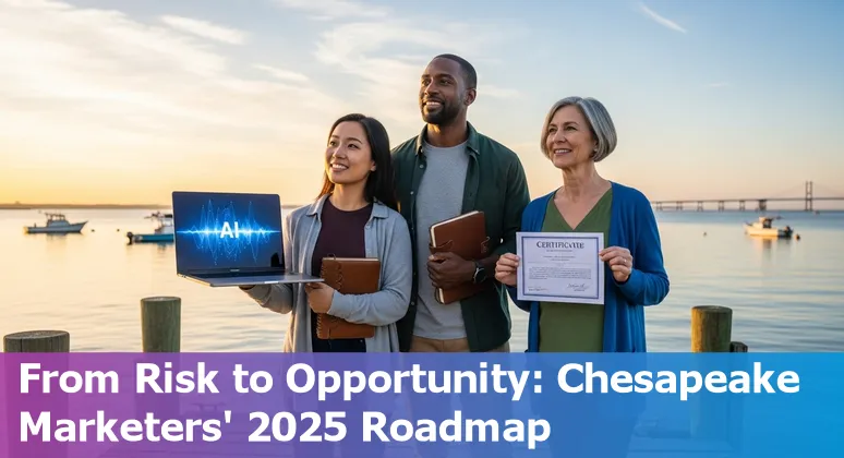 Chesapeake, Virginia marketer using AI tools and VirginiaHasJobs.com/AI resources on a laptop in 2025