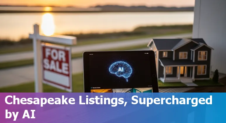 Agent using AI prompts on a laptop while viewing a Chesapeake, VA home listing with map of Great Bridge neighborhood.