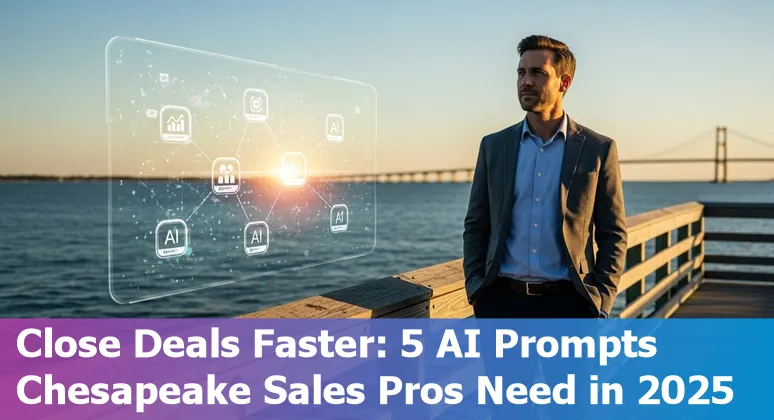 Sales professional using AI prompts to prepare Chesapeake-focused account research and CRE site-tour recap on a laptop