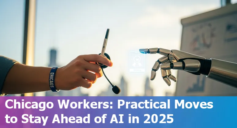 Customer service agent using AI tools in Chicago skyline office, Illinois, US — 2025