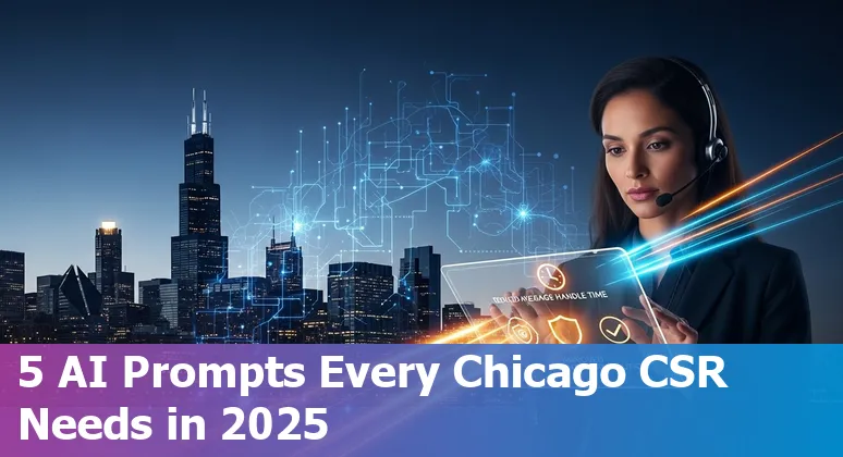 Chicago customer service agent using AI prompts on a laptop with city skyline in background.