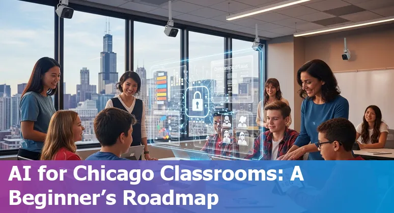 Educators using AI tools in a Chicago classroom in 2025: teachers, students, and laptops with Chicago skyline visible