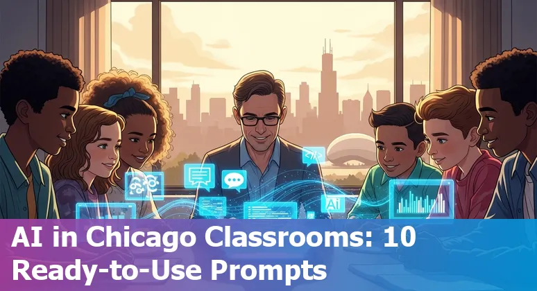 Teacher using AI tools on a laptop with Chicago skyline and classroom elements in the background