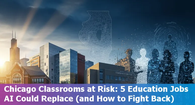 Educators in Chicago adapting to AI: books, laptop with AI icon, Chicago skyline in background.