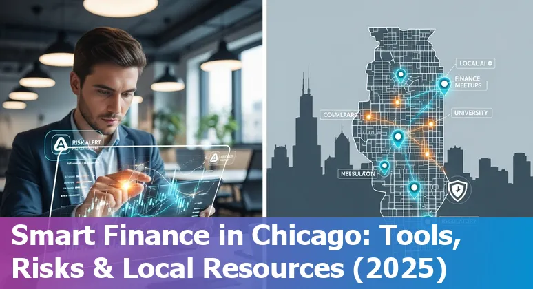 Finance professional using AI tools with Chicago skyline visible, Chicago, Illinois, US