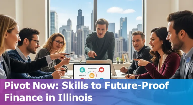 Finance professional using AI tools in an office with Chicago skyline visible, Illinois.