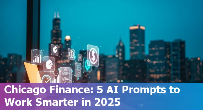 Finance professional using AI prompts on laptop with Chicago skyline in background