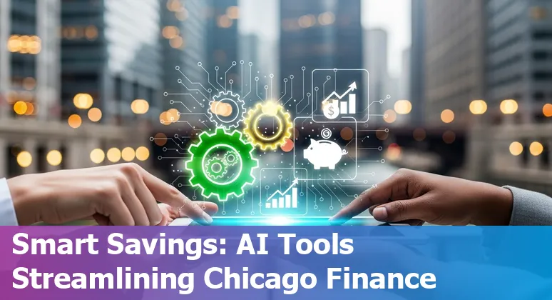 AI-driven financial services dashboard showing Chicago skyline, highlighting cost savings and efficiency in Illinois