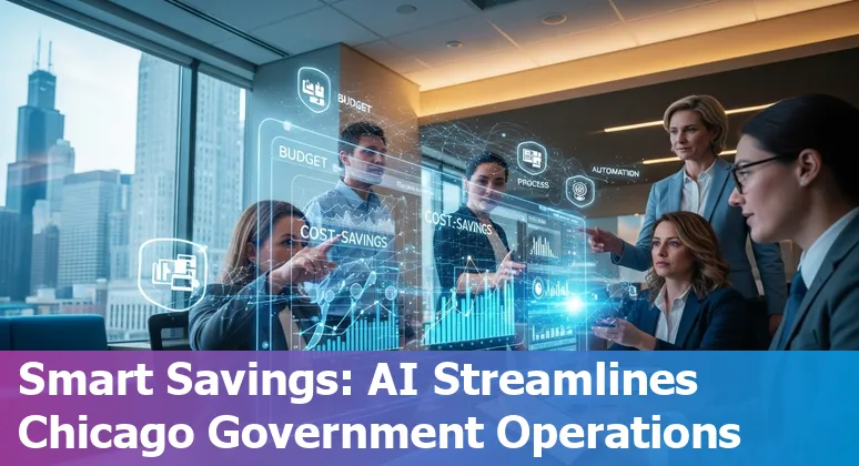 Chicago city hall worker using AI dashboard showing cost savings and efficiency metrics in Illinois, US
