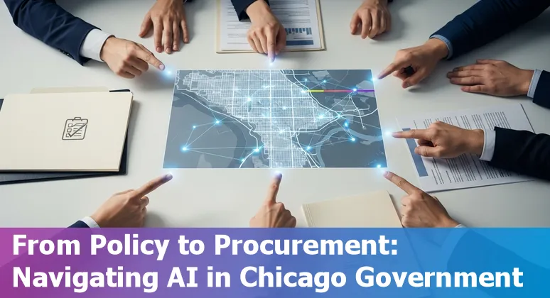 City of Chicago skyline with AI network overlay representing AI in Chicago government, Illinois, US in 2025