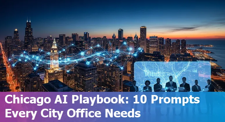 City of Chicago skyline with overlay icons for AI prompts: grants, procurement, policy, and community outreach.